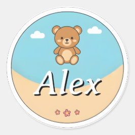 Adesivo Redondo Customizable Round Kids Name Sticker – Teddy Bear