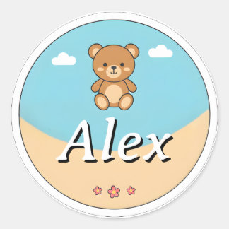 Adesivo Redondo Customizable Round Kids Name Sticker – Teddy Bear