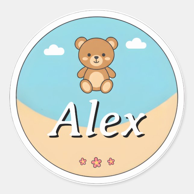 Adesivo Redondo Customizable Round Kids Name Sticker – Teddy Bear (Frente)