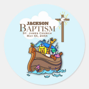 Adesivo Redondo Customizável, a arca de Noah do baptismo do bebé