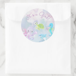 Adesivo Redondo Cuta debaixo da água do mar É uma Garota Vinheta