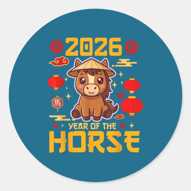 Adesivo Redondo Cute 2026 Year Of The Horse Happy Chinese New Year (Frente)