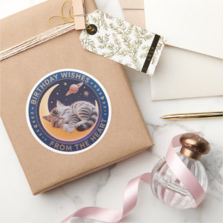 Adesivo Redondo Cute 3D Sleeping Cat on Moon Birthday Wishes Round