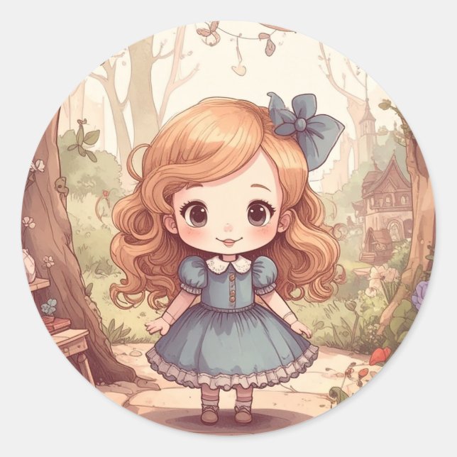 Adesivo Redondo Cute Alice in Wonderland Whimsical Woodland Art (Frente)