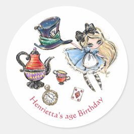 Adesivo Redondo Cute Alice Mad Hatter Tea Party Birthday Sticker