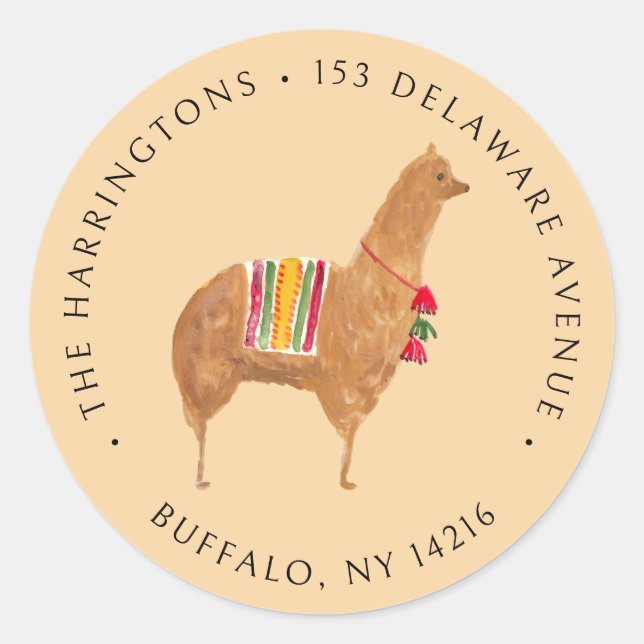 Adesivo Redondo Cute Alpaca Hand-Drawn Animal Return Address (Frente)