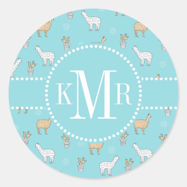 Adesivo Redondo Cute Alpaca Llama Cactus Pattern (Frente)