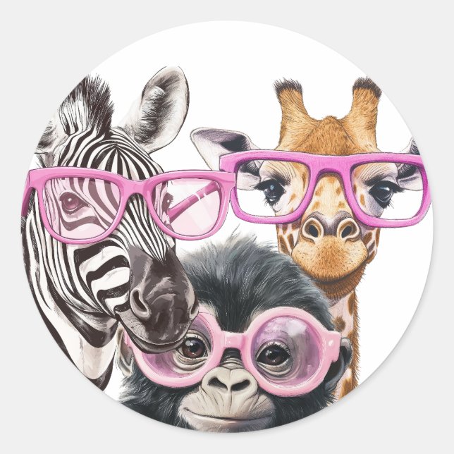 Adesivo Redondo Cute Animal Friends Sticker – Zebra Giraffe Monkey (Frente)