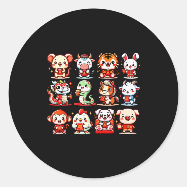 Adesivo Redondo Cute Animal Twelve Zodiac Signs Celebrate Lunar Ne (Frente)