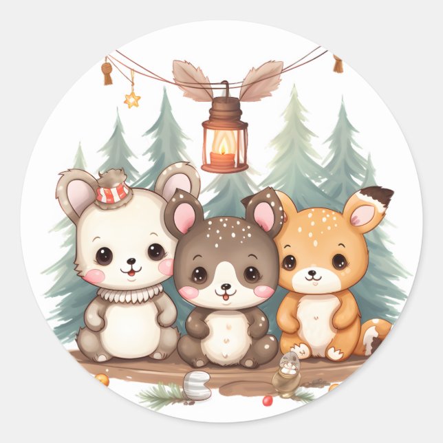 Adesivo Redondo Cute animals celebrating Christmas (Frente)