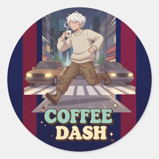 Adesivo Redondo Cute Anime Boy Running in the City with Coffee (Frente)