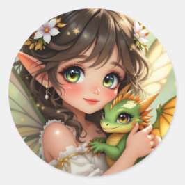 Adesivo Redondo Cute Anime Fairy and Chibi Dragon 