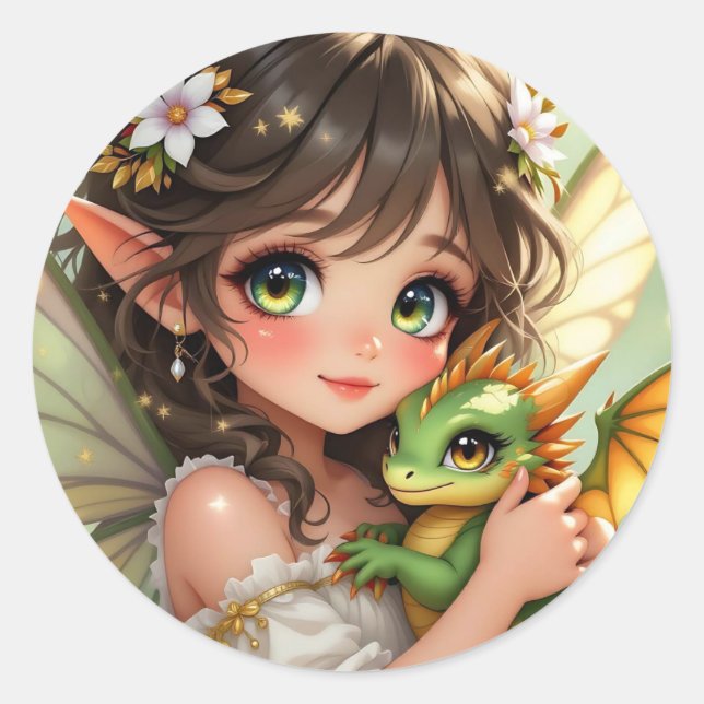 Adesivo Redondo Cute Anime Fairy and Chibi Dragon  (Frente)
