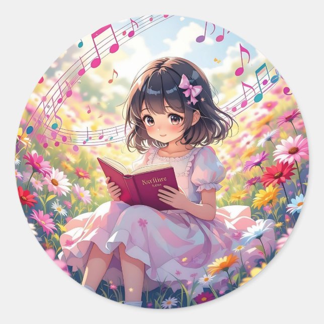 Adesivo Redondo Cute Anime Girl Reading a Book (Frente)