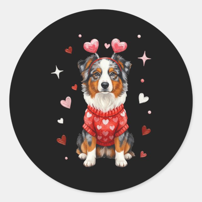 Adesivo Redondo Cute Australian Shepherd Valentine Heart Valentine (Frente)