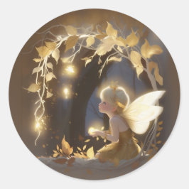 Adesivo Redondo Cute Autumn Fairy with Glowing Flowers