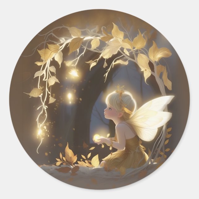 Adesivo Redondo Cute Autumn Fairy with Glowing Flowers (Frente)