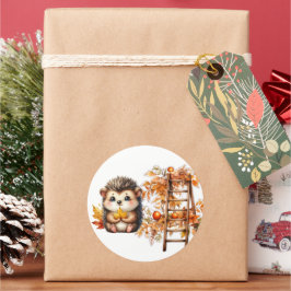 Adesivo Redondo Cute Autumn Hedgehog with Harvest Ladder Illustrat