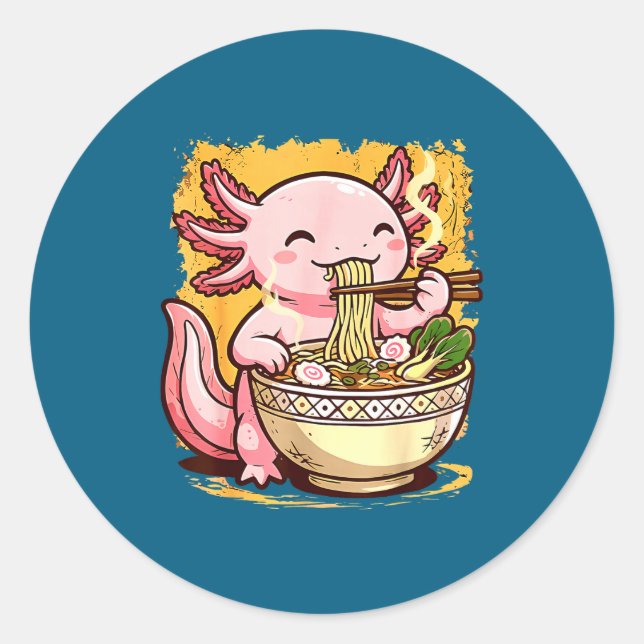 Adesivo Redondo Cute Axolotl Eats Ramen Noodles Axolotls Ramen  (Frente)