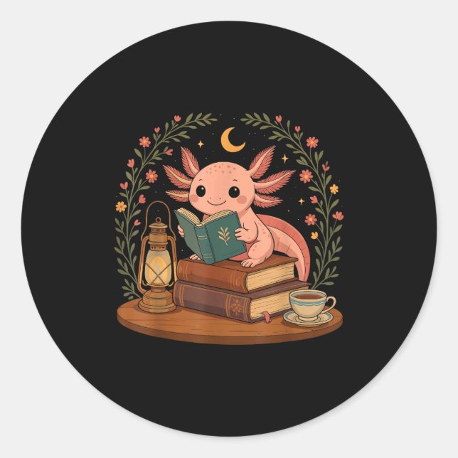 Adesivo Redondo Cute Axolotl Reading Books Cozy Bookworm  (Frente)