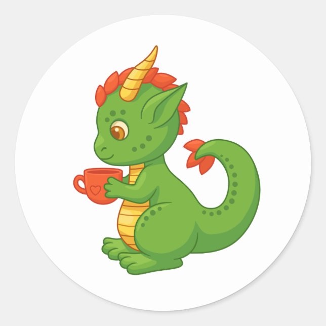 Adesivo Redondo Cute Baby Dragon Holding Cup (Frente)