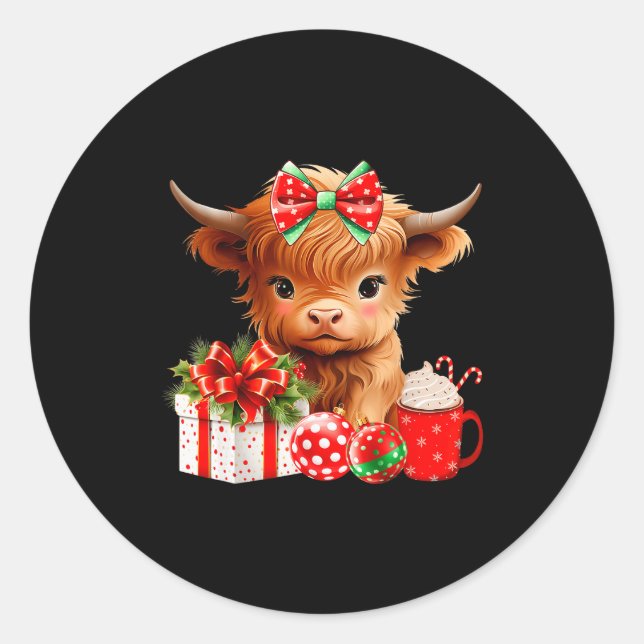 Adesivo Redondo Cute Baby Highland Cow Merry Christmas Farmer Cow  (Frente)