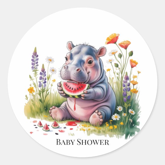 Adesivo Redondo Cute Baby Hippopotamus Watermelon Baby Shower (Frente)