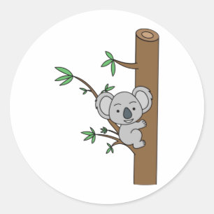 Adesivo Redondo Cute Baby Koala Subindo Uma Árvore Eucalyptus