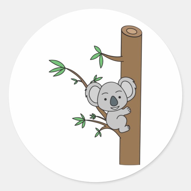 Adesivo Redondo Cute Baby Koala Subindo Uma Árvore Eucalyptus (Frente)