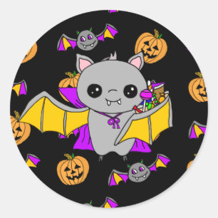 Adesivo Redondo Cute Bat Segurando Docinho De Halloween