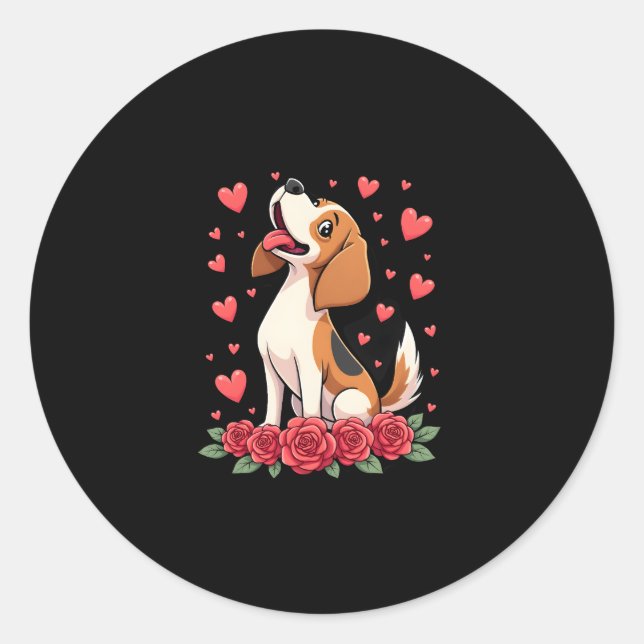 Adesivo Redondo Cute Beagle with Red Roses Hearts Floral Valentine (Frente)