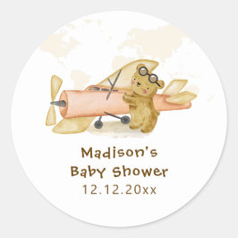 Adesivo Redondo Cute Bear Explorer World Map Airplane Baby Shower