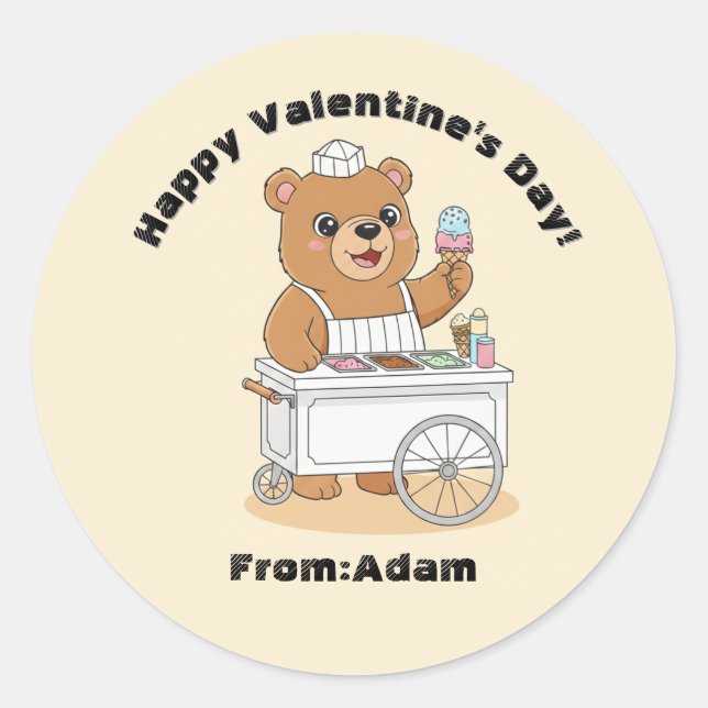 Adesivo Redondo Cute Bear Ice Cream Seller Valentine Classroom (Frente)