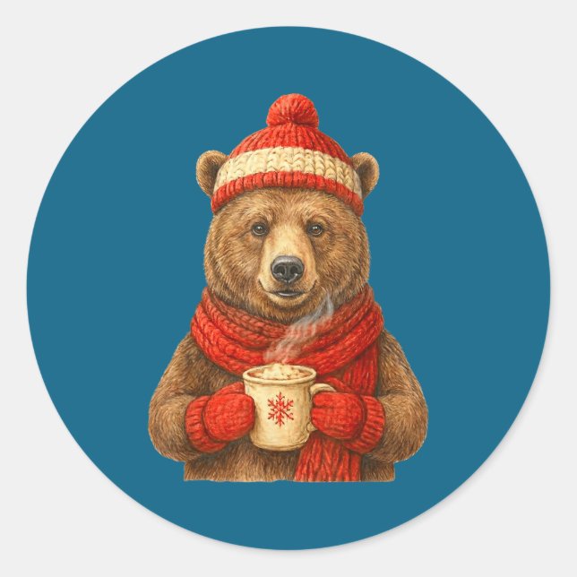 Adesivo Redondo Cute Bear With Santa Hat Coffee Lover Funny Winter (Frente)