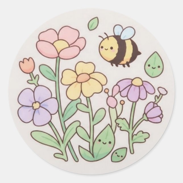 Adesivo Redondo Cute Bee & Smiling Flowers Sticker - Pastel Floral (Frente)