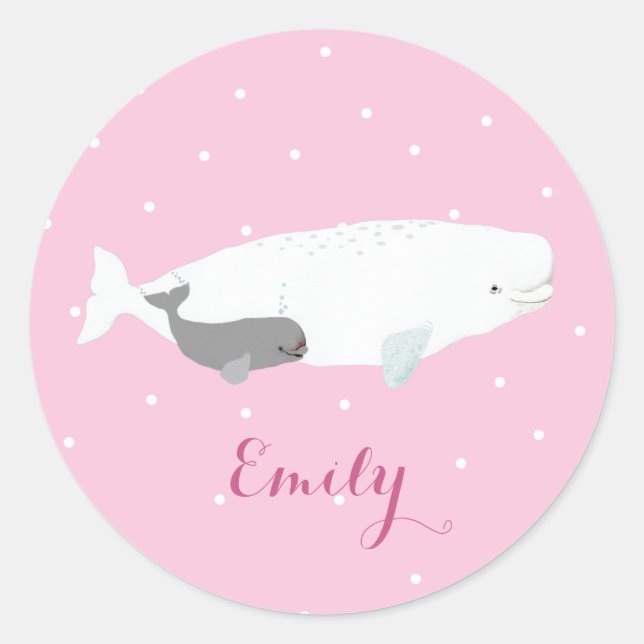 Adesivo Redondo Cute Beluga Whale Girl Gift Nome Personalizado (Frente)