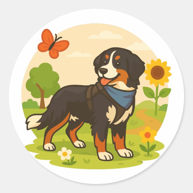 Adesivo Redondo Cute Bernese Mountain Dog with Sunflower & Butterf (Frente)