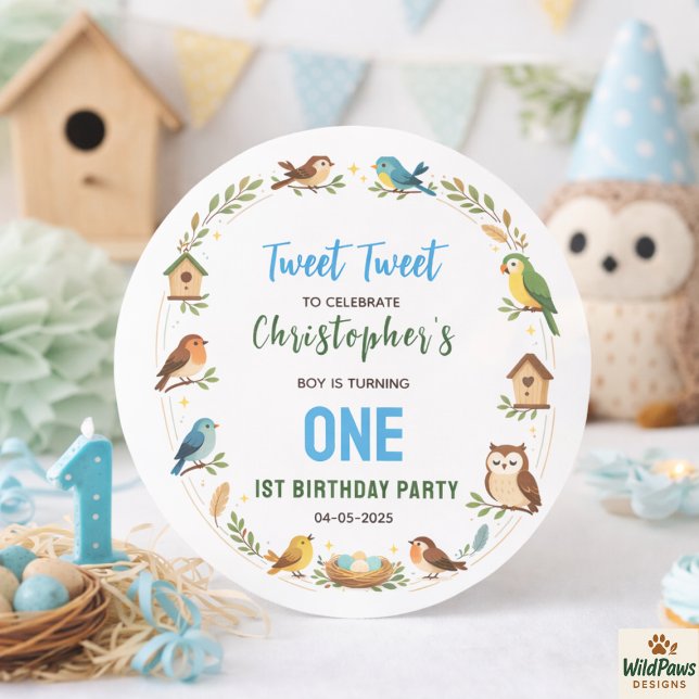 Adesivo Redondo Cute Birds 1st Birthday Party – Fun Kids  (Cute Birds 1st Birthday Party – Fun Kids Classic Round Sticker
)