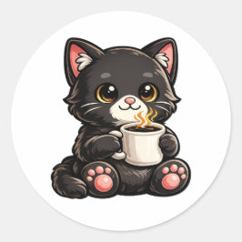 Adesivo Redondo Cute Black Cat Coffee – Cozy Kawaii Cat Illustrati