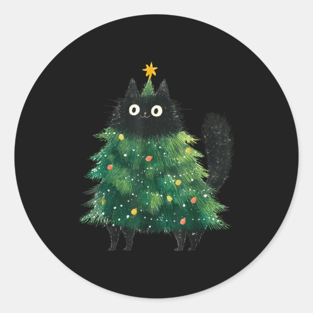 Adesivo Redondo Cute Black Cat In Christmas Tree Cat Lover Holiday (Frente)