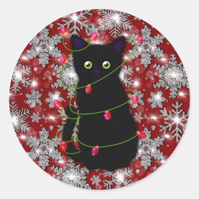 Adesivo Redondo Cute black cat Meowy Christmas sparkling snowflake (Frente)