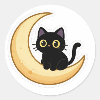Adesivo Redondo Cute Black Cat on Crescent Moon Sticker