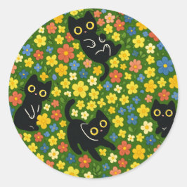 Adesivo Redondo Cute Black Cats Floral Meadow Pattern