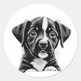 Adesivo Redondo Cute Black & White Puppy – Adorable Dog Sticker