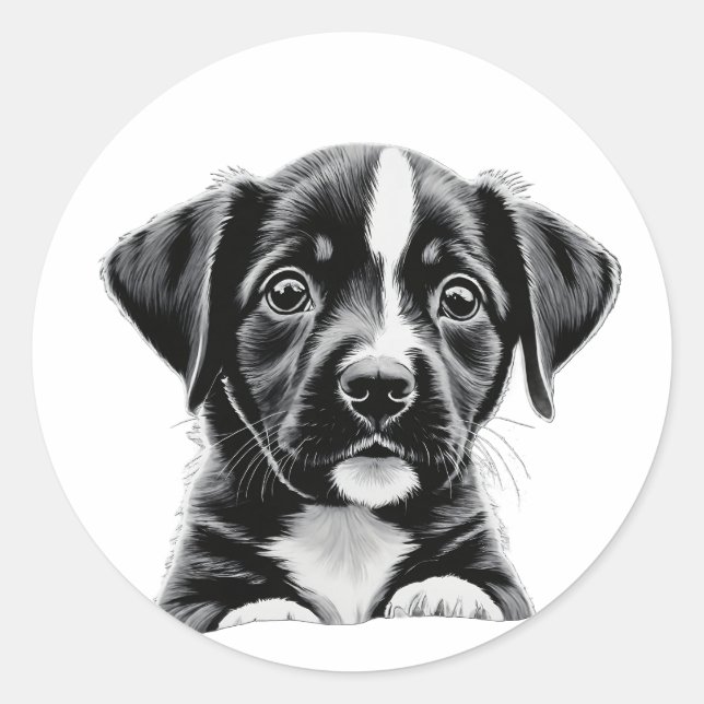 Adesivo Redondo Cute Black & White Puppy – Adorable Dog Sticker (Frente)