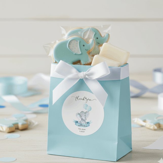 Adesivo Redondo Cute Blue Elephant Baby Shower Thank You Sticker (Criador carregado)