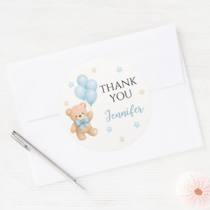 Adesivo Redondo Cute Blue Teddy Bear Balloon Baby Shower Obrigado