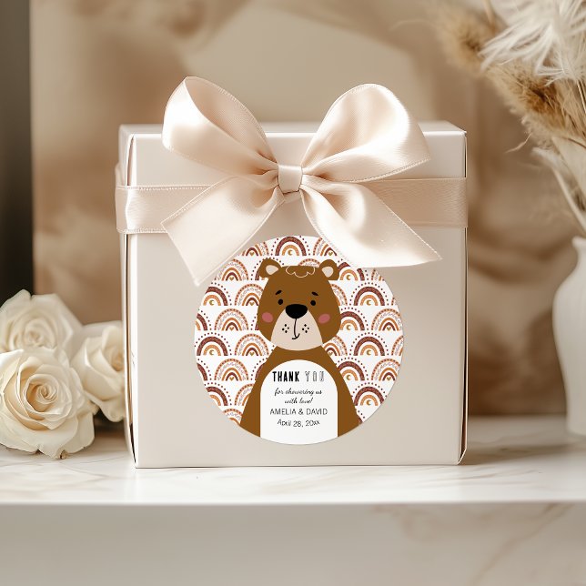 Adesivo Redondo Cute Boho Bear Rainbow Neutral Baby Shower (Criador carregado)