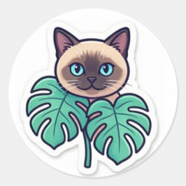 Adesivo Redondo Cute Botanical Siamese Cat With Leaves Sticker  