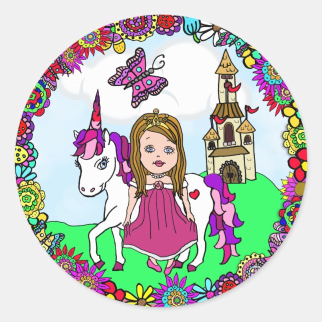 Adesivo Redondo Cute Brown Haired Princess e Unicorn Castle (Frente)